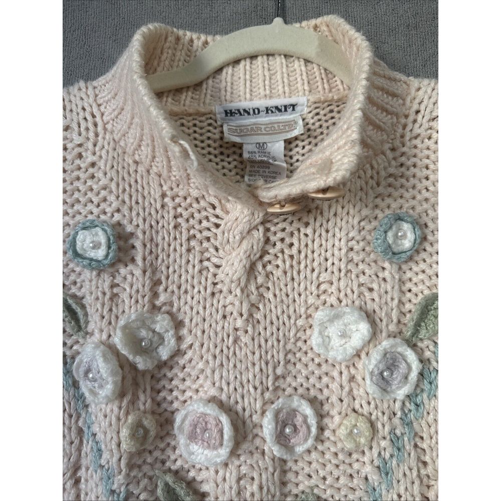 Vtg 80s Sugar Co Ltd. Womens M Blush Pink Cable Knit Floral Cottage Chunky